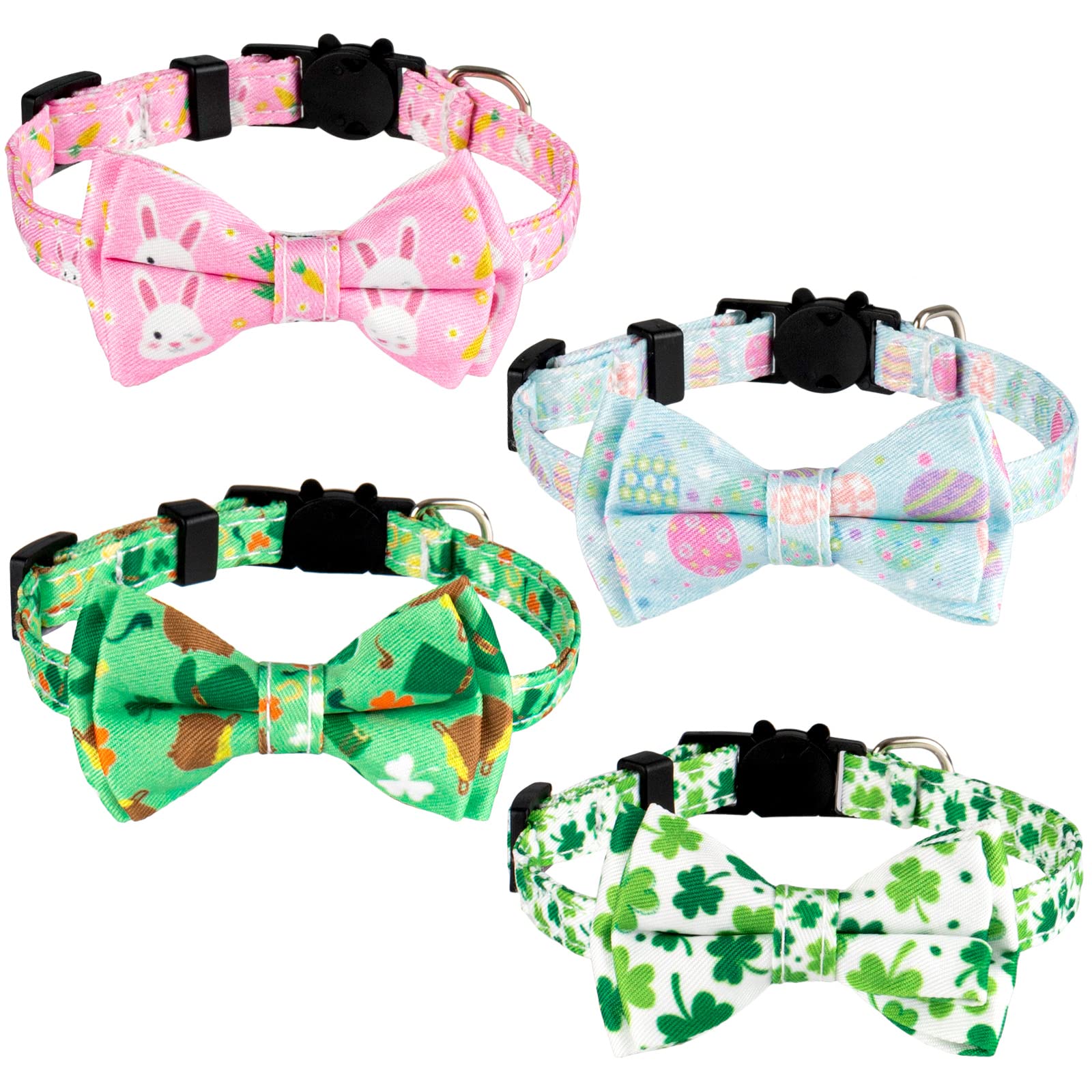Whaline 4 Pack St. Patrick's Day Easter Cat Collar with Bowknot and Bell Shamrock Bunny Rabbit Egg Pattern Safety Breakaway Adjustable Pet Collars for Cat Kitten Puppy