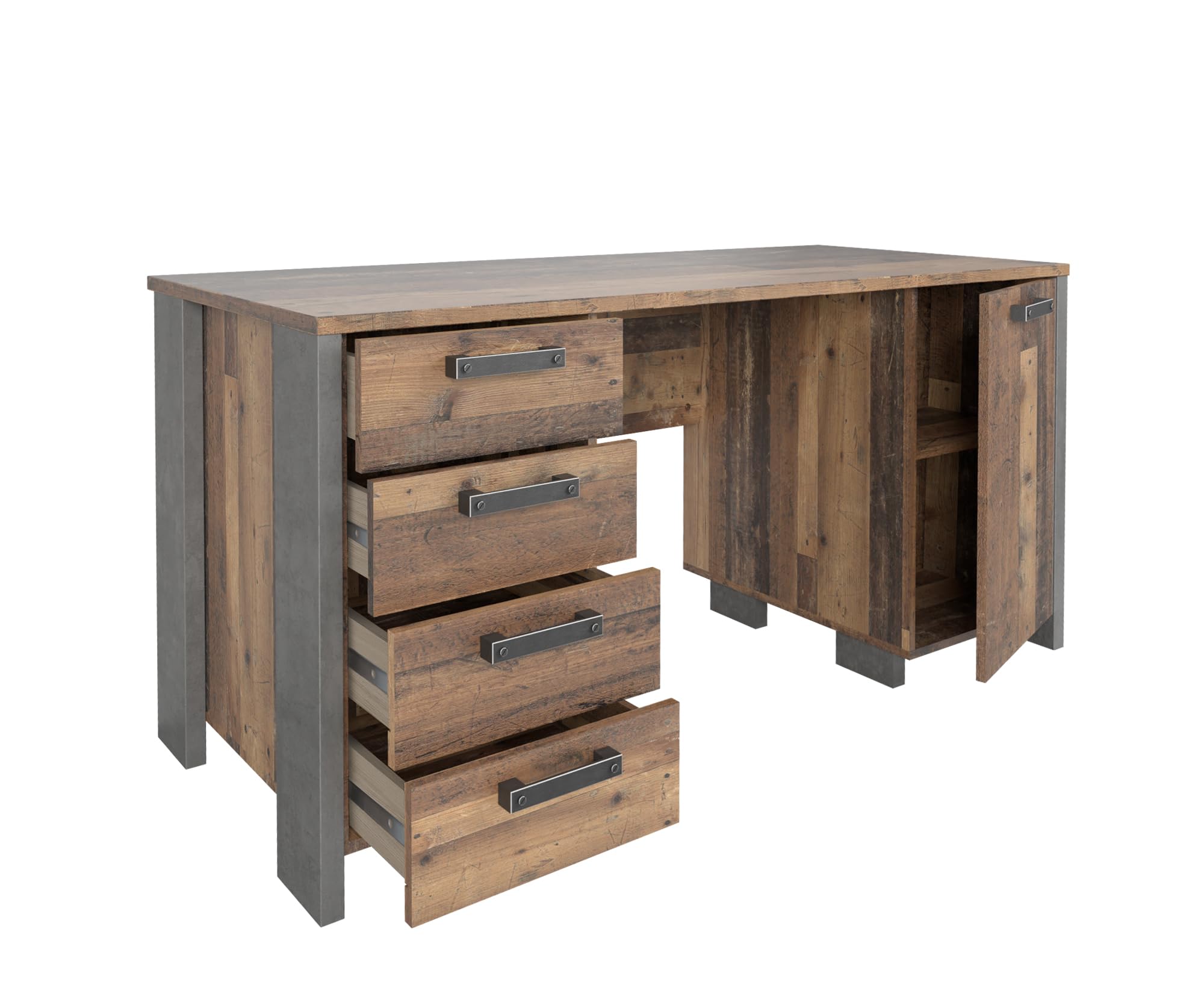 Forte Clif Schreibtisch 150 1160, moderner Schreibtisch mit 4 Schubladen und 1 Tür, Home Office, Holzwerkstoff, Old Wood Vintage Holzdekor/Betonoptik Grau, 155 cm breit x 73,5 cm hoch x 60 cm tief
