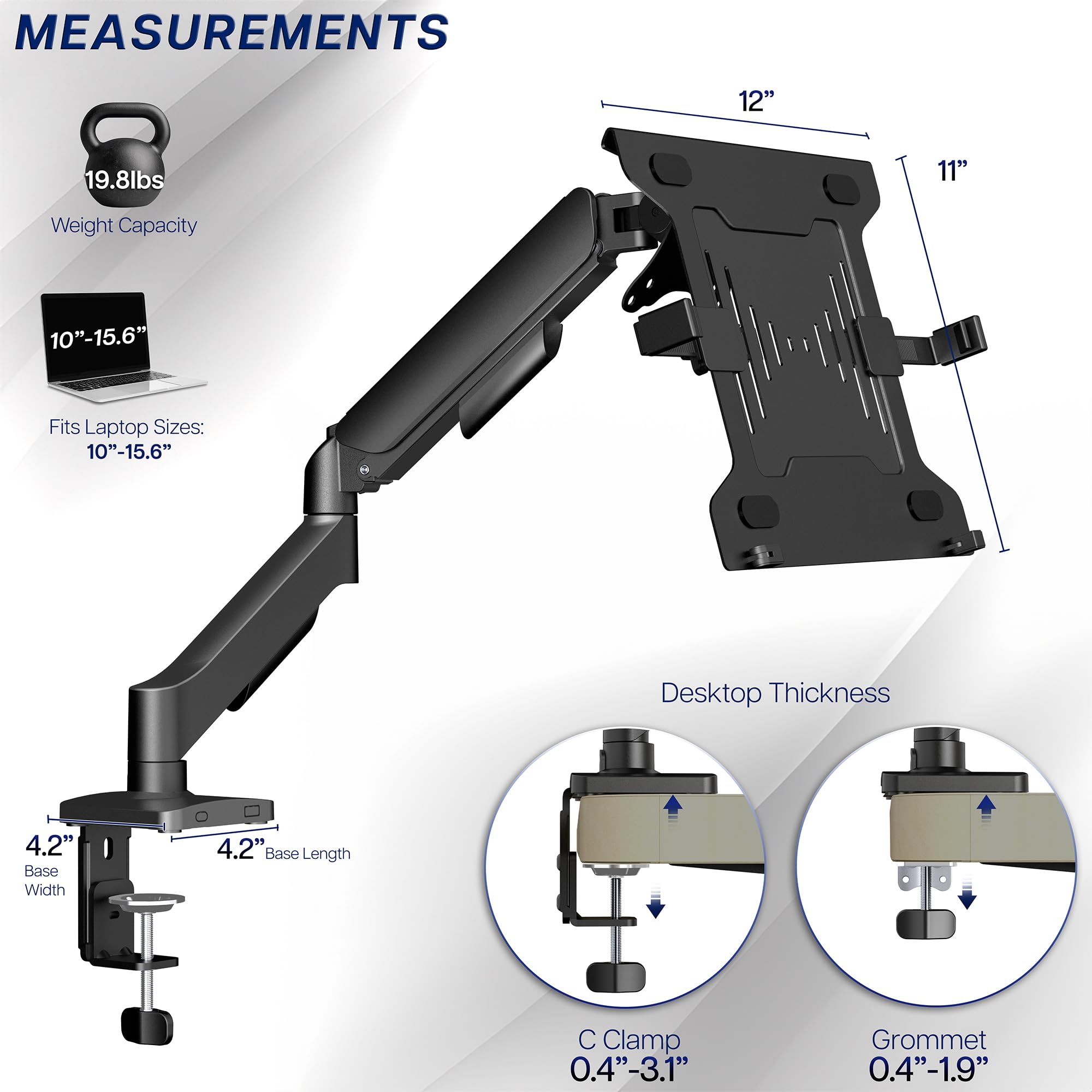 VIVO STAND-V001O-L - Soporte universal ajustable para laptop de 10 a 15.6 pulgadas, soporte VESA con abrazadera en C y opciones de ojales, negro, STAND-V001O-L
