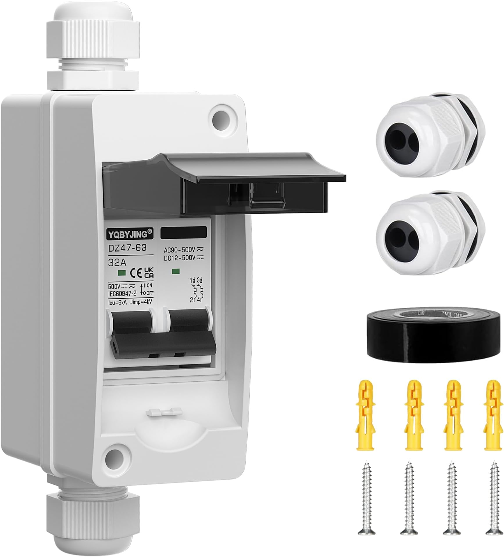 32 Amp DC AC Solar Panel Disconnect Switch Miniature Circuit Breaker Box 500V 2 Poles with IP65 Waterproof UV-Proof Box for Outdoor Solar PV Homes Battery