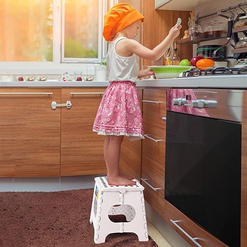 Miniatura 7 de Korpai Taburete plegable de 11 pulgadas para adultos y niños con capacidad para hasta 300 libras, taburetes plegables antideslizantes con mango