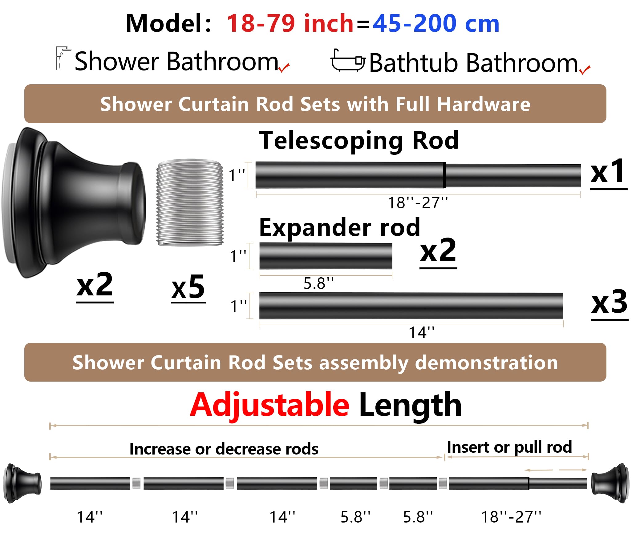 Barras de cortina de ducha de tensión negra, ajustables de 18 a 79 pulgadas, se adapta a espacios de 20 a 78 pulgadas (ideal para baños de 72 pulgadas de ancho), resistencia a la corrosión, ajustable