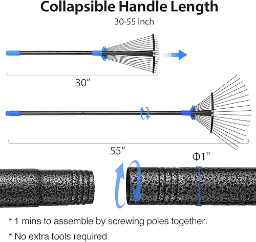 Miniatura 5 de Rastrillo de hojas de metal ajustable de mango largo, rastrillos de jardín para césped, hojas resistentes con cabeza expandible de 8 a 17 pulgadas,