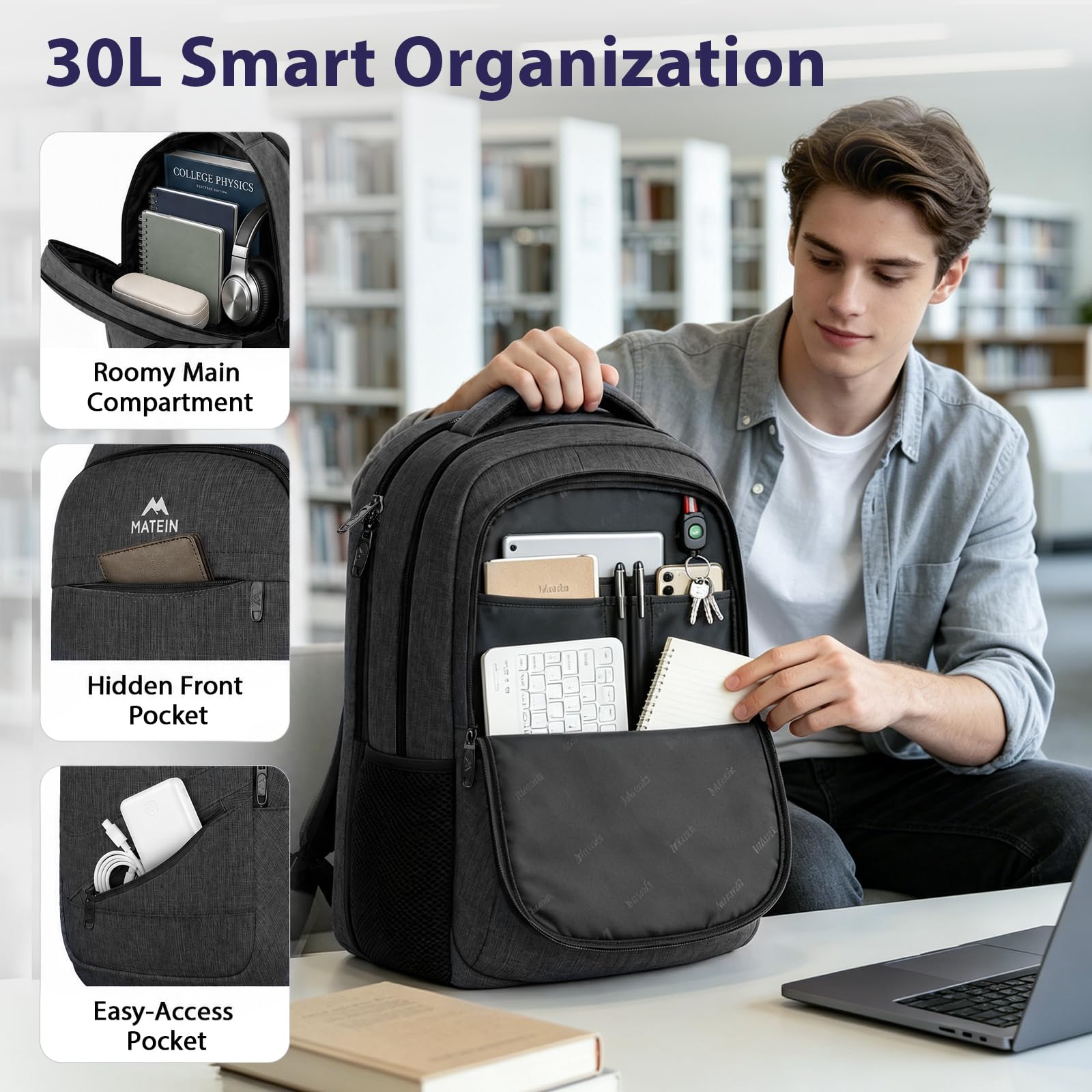 MATEIN Large Work Laptop Backpack, College School Computer Bookbag 17 Inch
