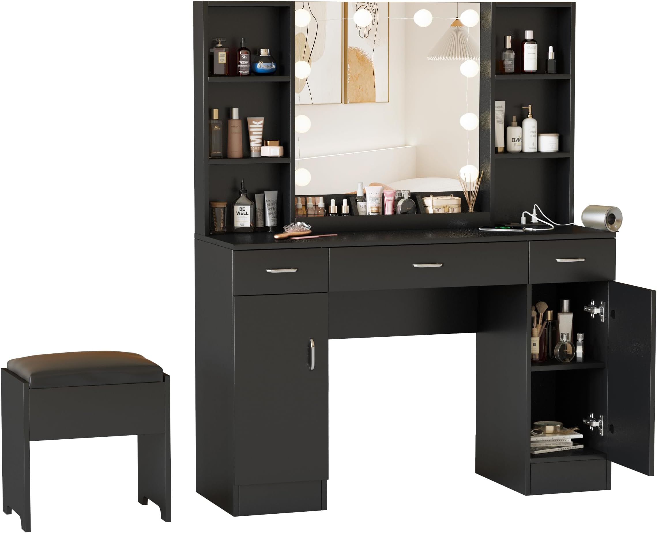 Vabches Vanity Desk with Lights and Mirror, Makeup Vanity Table with Charging Station, 45in Big Vanity Set with Storage Stool, Black