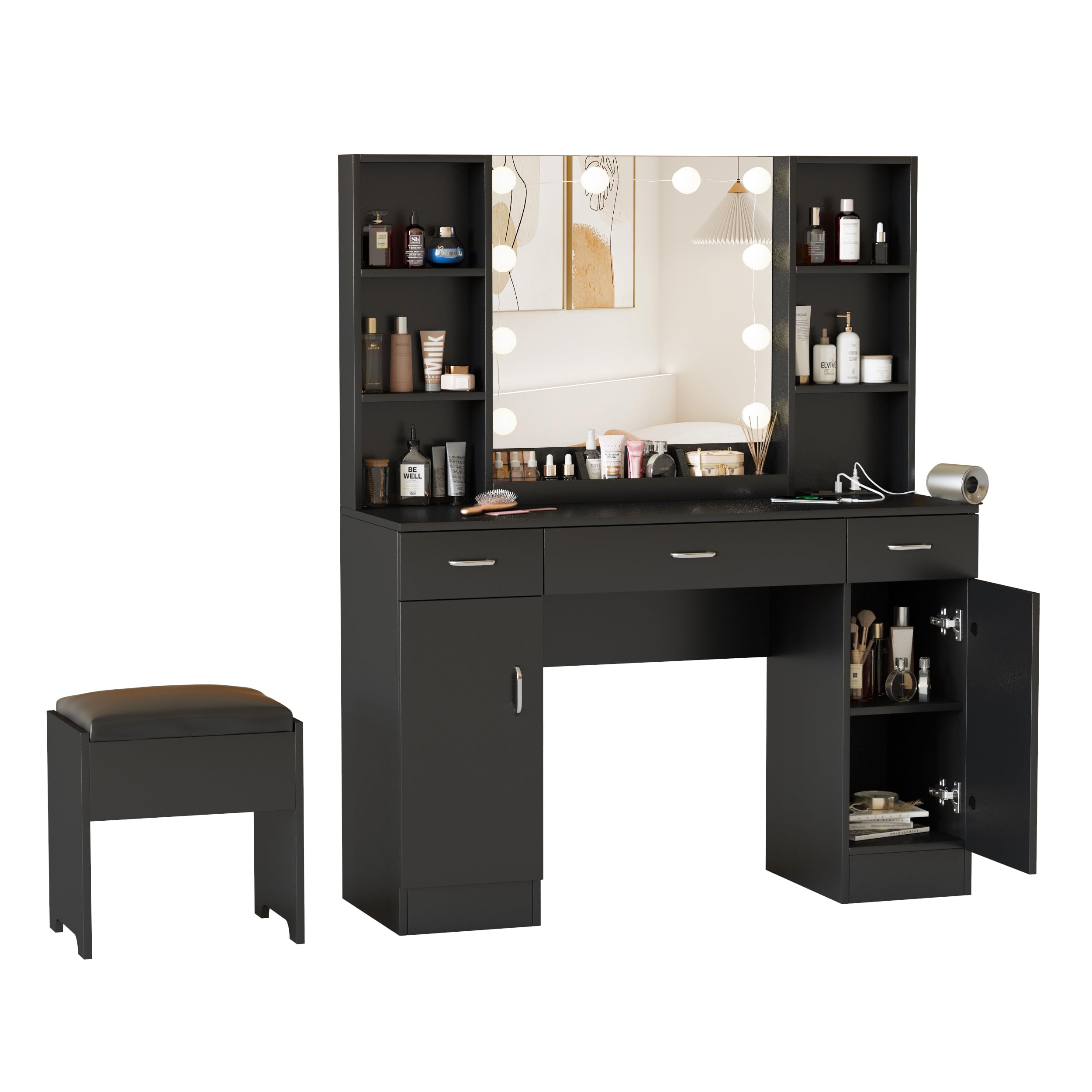 Vabches Vanity Desk with Lights and Mirror, Makeup Vanity Table with Charging Station, 45in Big Vanity Set with Storage Stool, Black