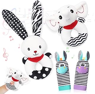 Plush Animal Rattle Toys Set, 2 Pack Black and White Soft Infant Rattle Shaker with Foot Finder Rattle Socks, Newborn Sensory Ring Rattle Early Educational Toy for Boys Girls 0-12 Months