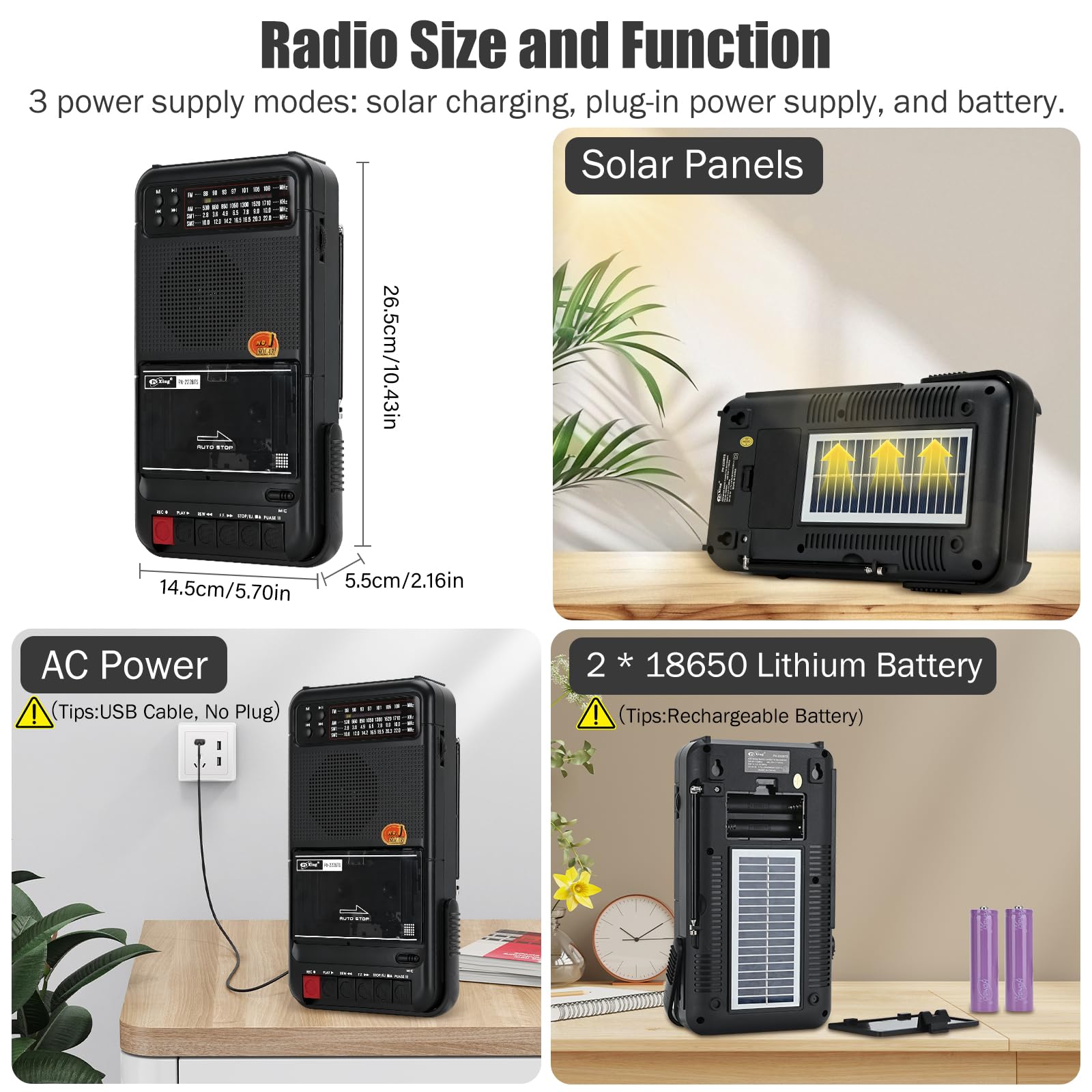 Odtwarzacze kasetowe, przenośny odtwarzacz kasetowy Boombox z nagrywaniem, radio FM/AM/SW1-2, z funkcją panelu słonecznego, wyposażony w gniazdo słuchawkowe i baterię litową, łatwy w użyciu (czarny)