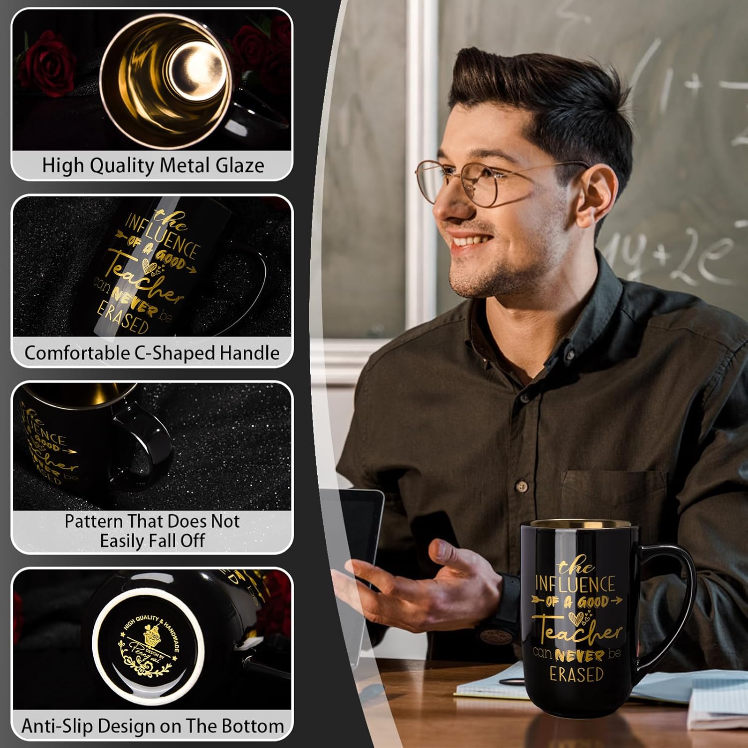 Teacher Gifts for Men, Male Teacher Appreciation Gifts from Students, Best Teacher's Gift on Christmas Graduation Retirement, 18Oz Metal Glaze Ceramic Coffee Mup with Spoon Lid Card Gorgeous Box - Image 3