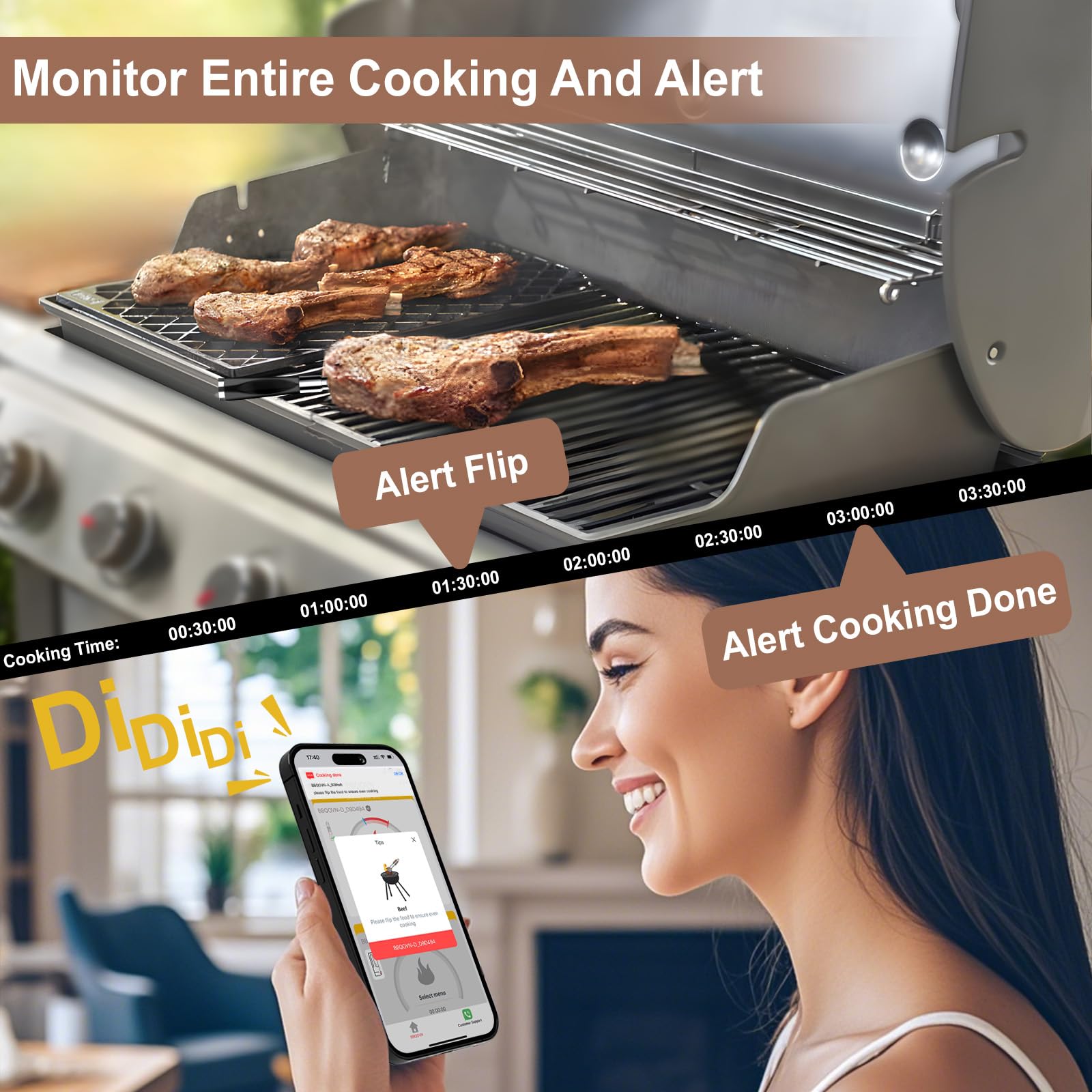 BBQOVN Termometro WiFi Bluetooth Wireless Meat Range Unlimited Temp Anywhere, 7 NiST Certified Sensors with Ambient Temp, Monitor for BBQ, Grill, Forno, Smoker, Air Fryer (Black)
