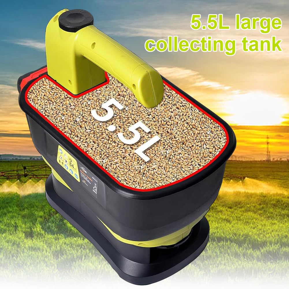 Esparcidor de energía de mano inalámbrico, capacidad de 5.5 L con batería de 4.0 Ah, caudal ajustable y ancho de dispersión, ideal para distribuir eficientemente semillas de césped, piensos y