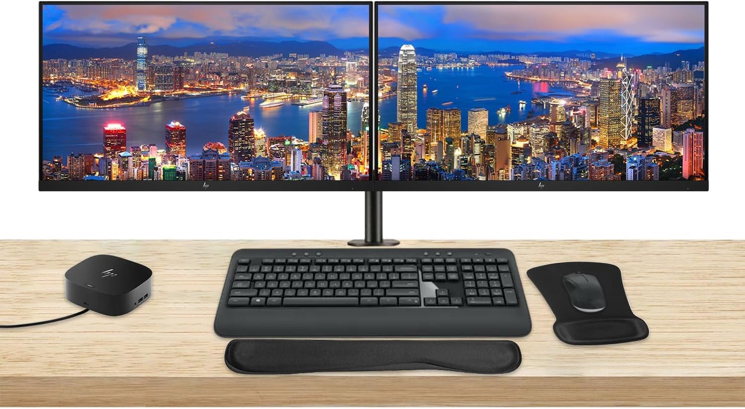 HP EliteDisplay E27q G5 27” Quad HD 2560 x 1440 LED-Backlit IPS Monitor, 2-Pack Bundle with HDMI, DisplayPort, Dual Monitor Stand, USB-C Dock, MK540 Wireless Keyboard & Mouse, Mouse, Wrist Pad