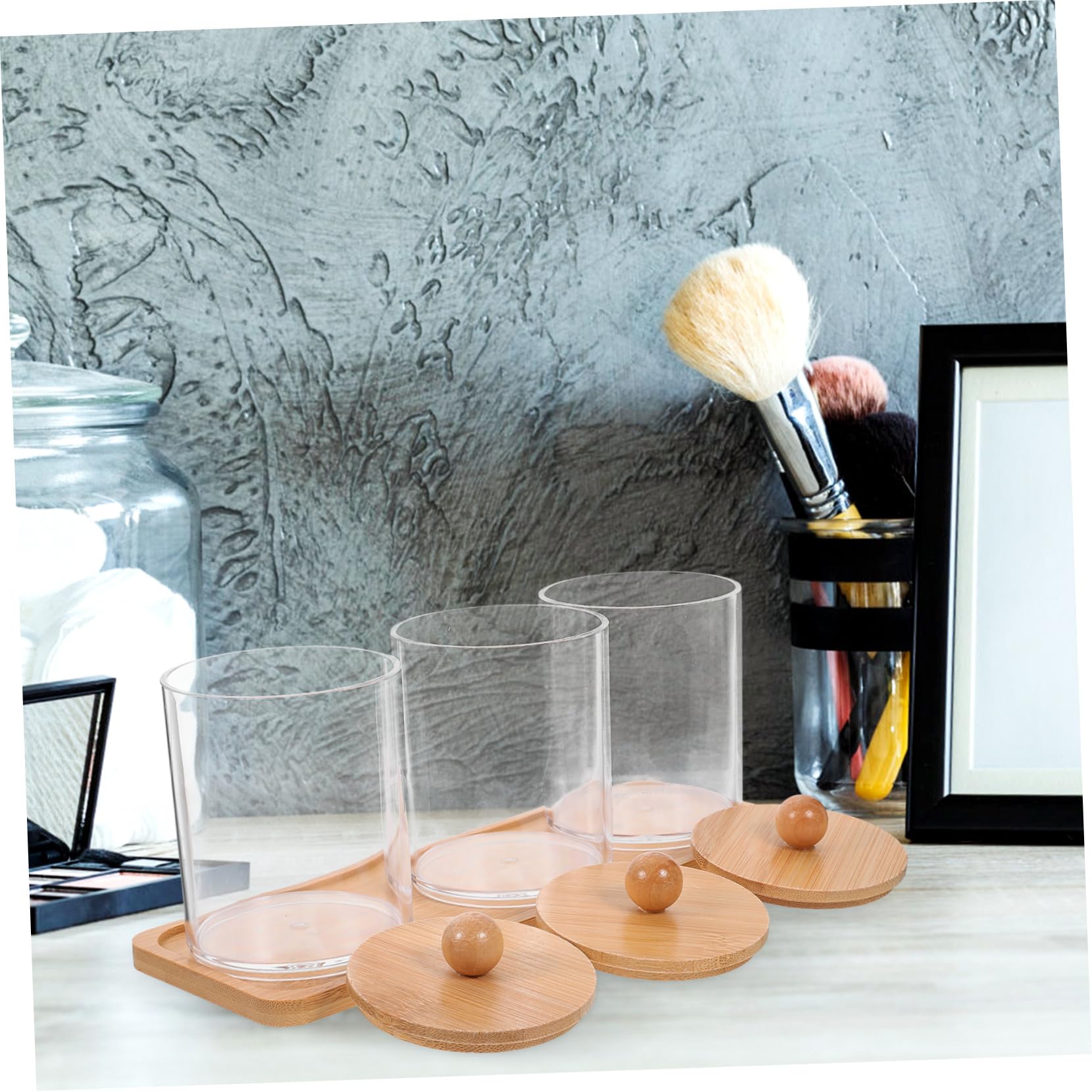 MAGICLULU 3 Sätze Make-up- schminktisch kommode durchsichtige Wattebauschhalter transparente Gläser Wattestäbchen-Ball-Pad-Gläser klare Wattebauschgläser Bambus