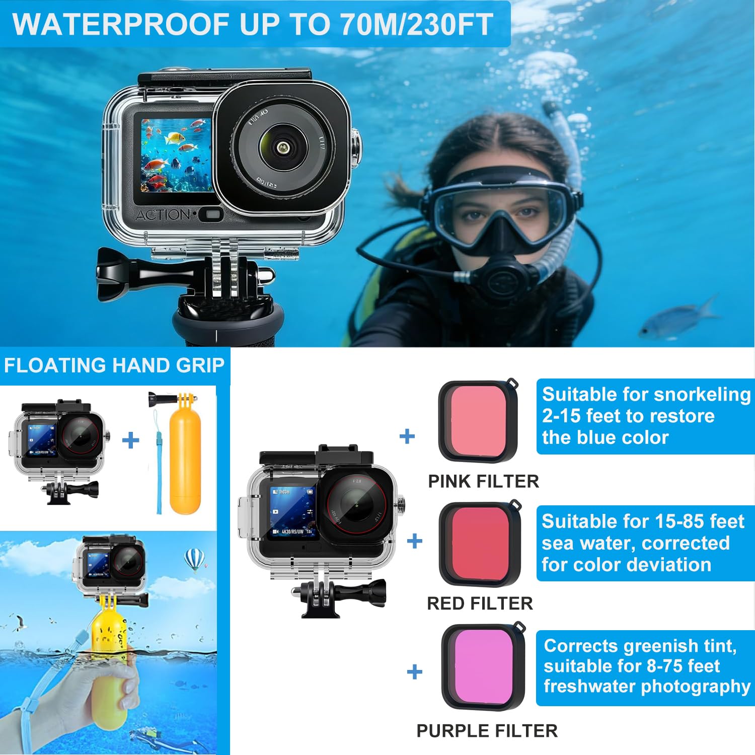 Accessori per DJI Osmo Action 5 Pro/4/3, custodia impermeabile Saprdii, pellicola proteggi schermo, filtro accessori subacquei, supporto per bicicletta selfie stick, supporti per torace/testa/manubrio