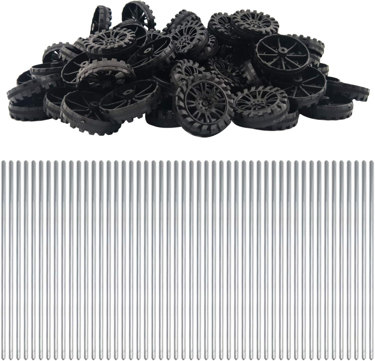 EUDAX 30mmx8mm Plastic Roll 2mm Dia Shaft Toys Wheel and 2mmx100mm STEM Shaft Round Rod Axles for DIY Toy RC Car Truck Boat Helicopter Model Part (Black, 100pcs)