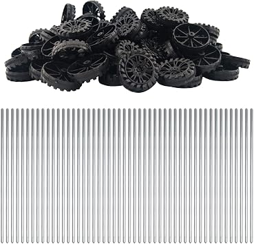 EUDAX 30mmx8mm Plastic Roll 2mm Dia Shaft Toys Wheel and 2mmx100mm STEM Shaft Round Rod Axles for DIY Toy RC Car Truck Boat Helicopter Model Part Black, 100pcs