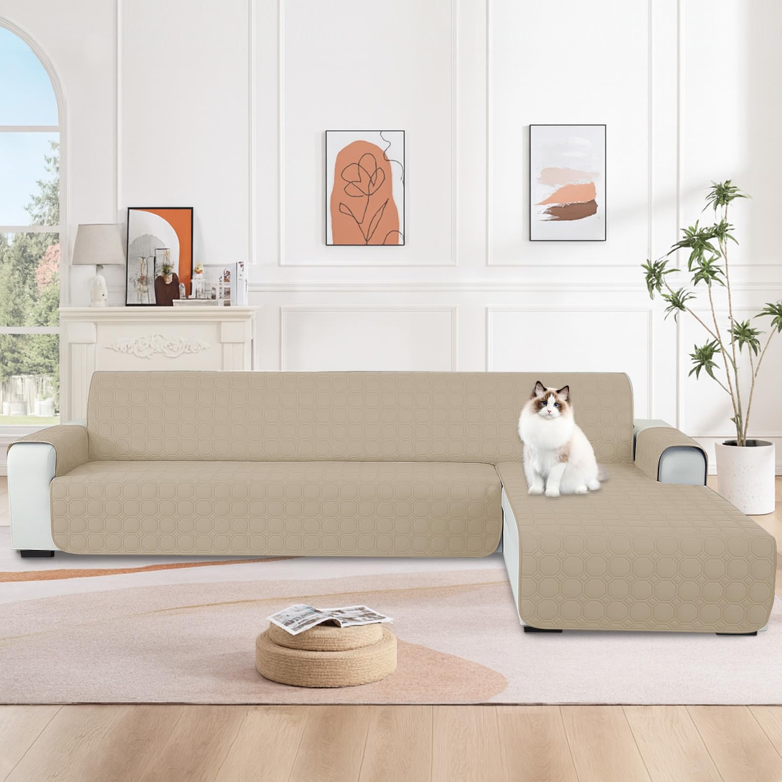 Ystyle Copridivano Impermeabile con Penisola 3 Posti (L 255 CM), Copridivano Angolare Destra/Sinistra Universale Reversibile, Copridivano Chaise longue Antigraffio Antimacchia, Beige