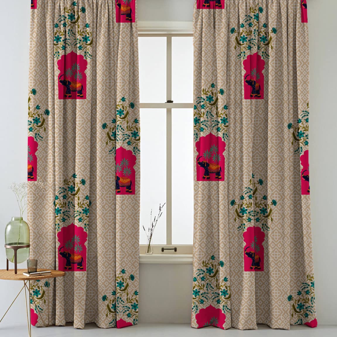 SPACES DRAPE STORYDigital Printed Premium Curtain for 9ft Long Door, Sand/Coral Ethenic Print - MTDS489C, Matt Finish, Set of 2 Curtains