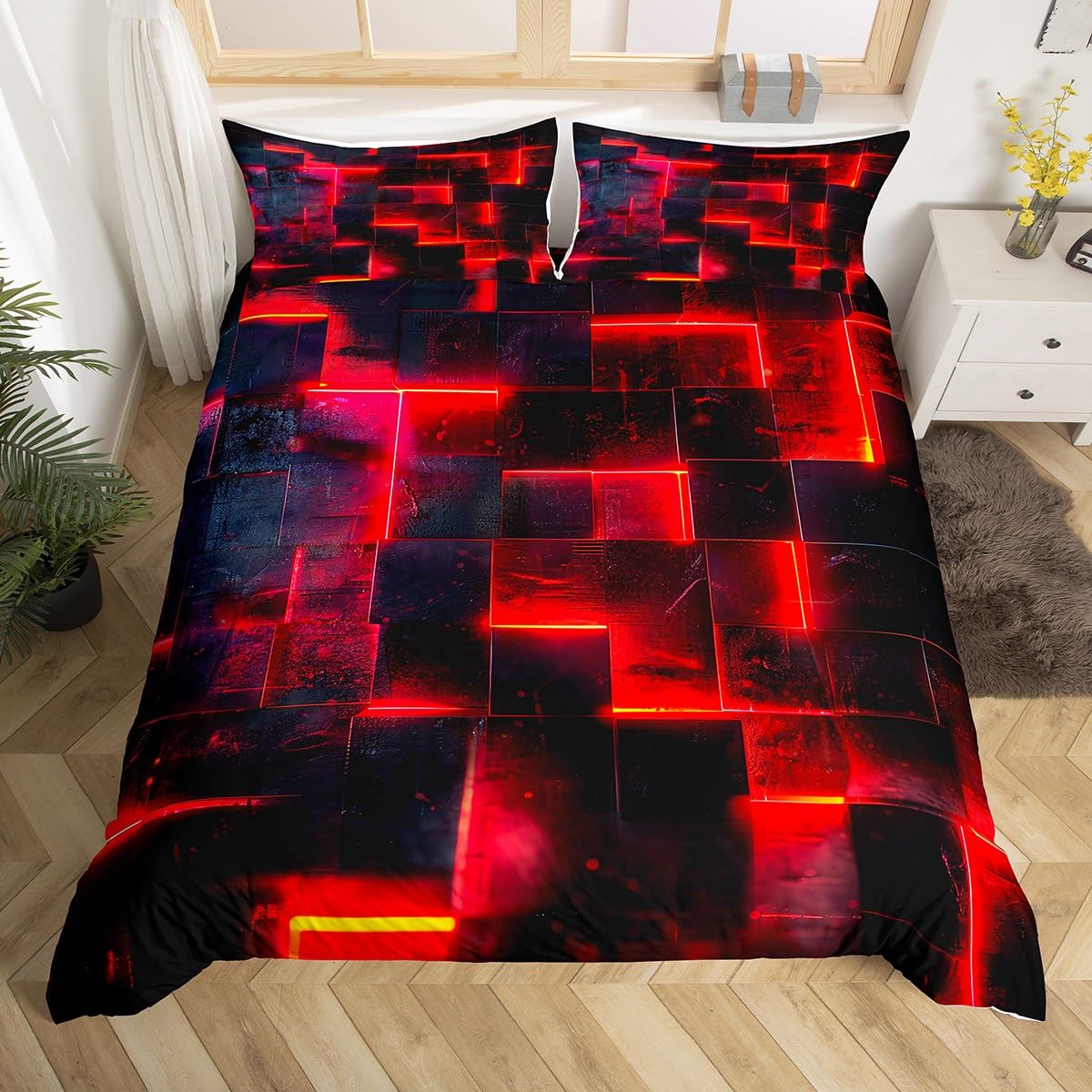 Homewish Black Red Abstract Comforter Cover Gradient Square Bed Set, Grid King Duvet Cover Neon Checkered Bedding Set King