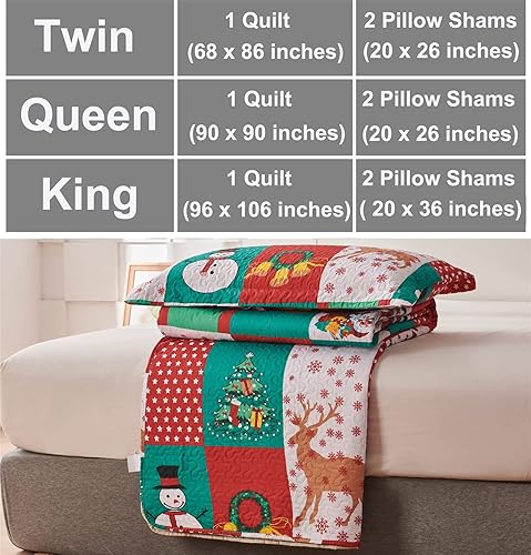 Miniatura 7 de Juego de edredón de muñeco de nieve a cuadros de Navidad tamaño Queen 90 x 90 pulgadas diseño de reno de Papá Noel copo de nieve diseño de
