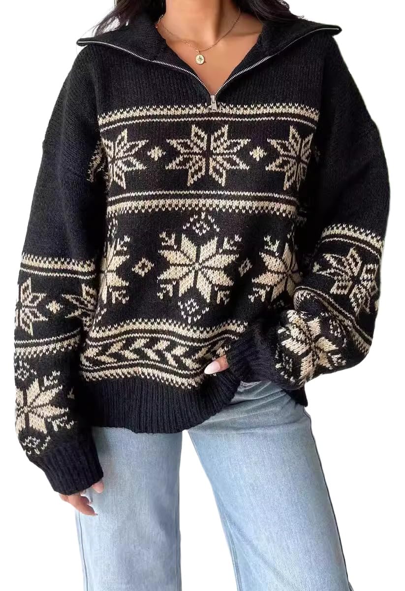 Apvirdy Womens Snowflake Sweater Long Sleeve Collared Sweaters Loose Knit Quarter Zip Pullover Top Christmas Sweater