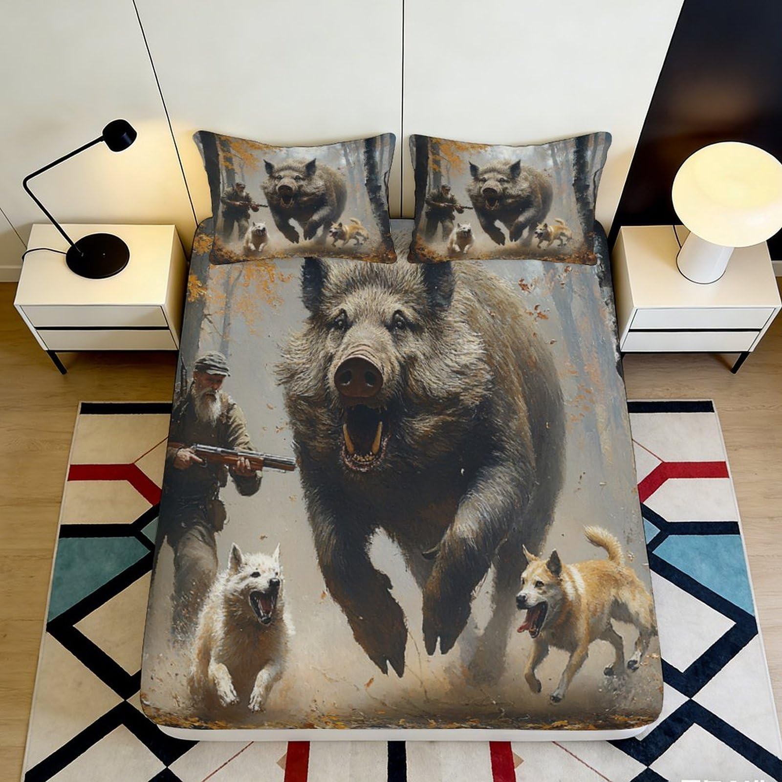 3D Printed Wild Boar Hunting Fitted Sheet Microfiber Animal Forest Scene Mattress Cover for Bedroom Dorm Decor 90x200x25cm