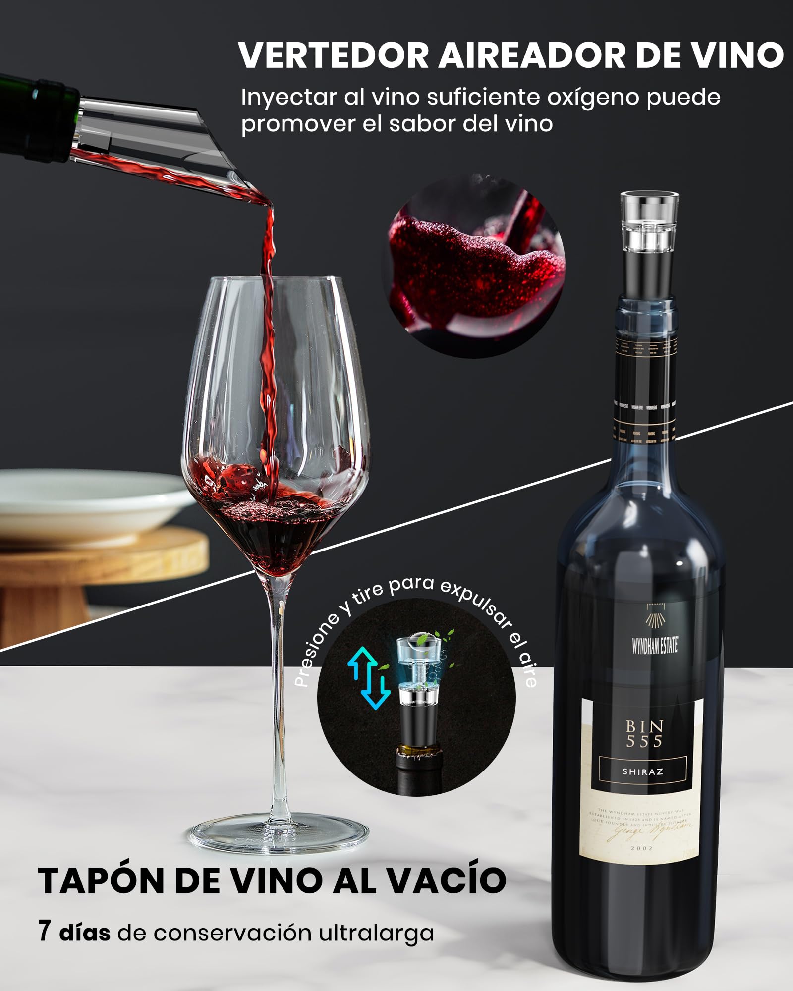 Sacacorchos eléctrico recargable inox, abridor de vino electrico saca rolhas regalos para hombre mujere abrebotellas con vertedor aireador, 2 tapón vino al vacío, cortador láminas y cable USB