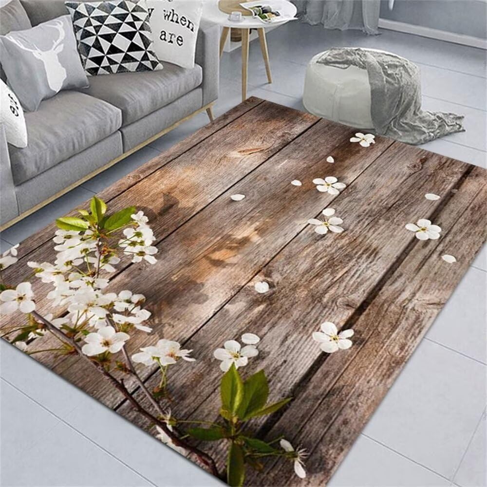 Tapis de salon fleur blanche résistant aux taches 60x90