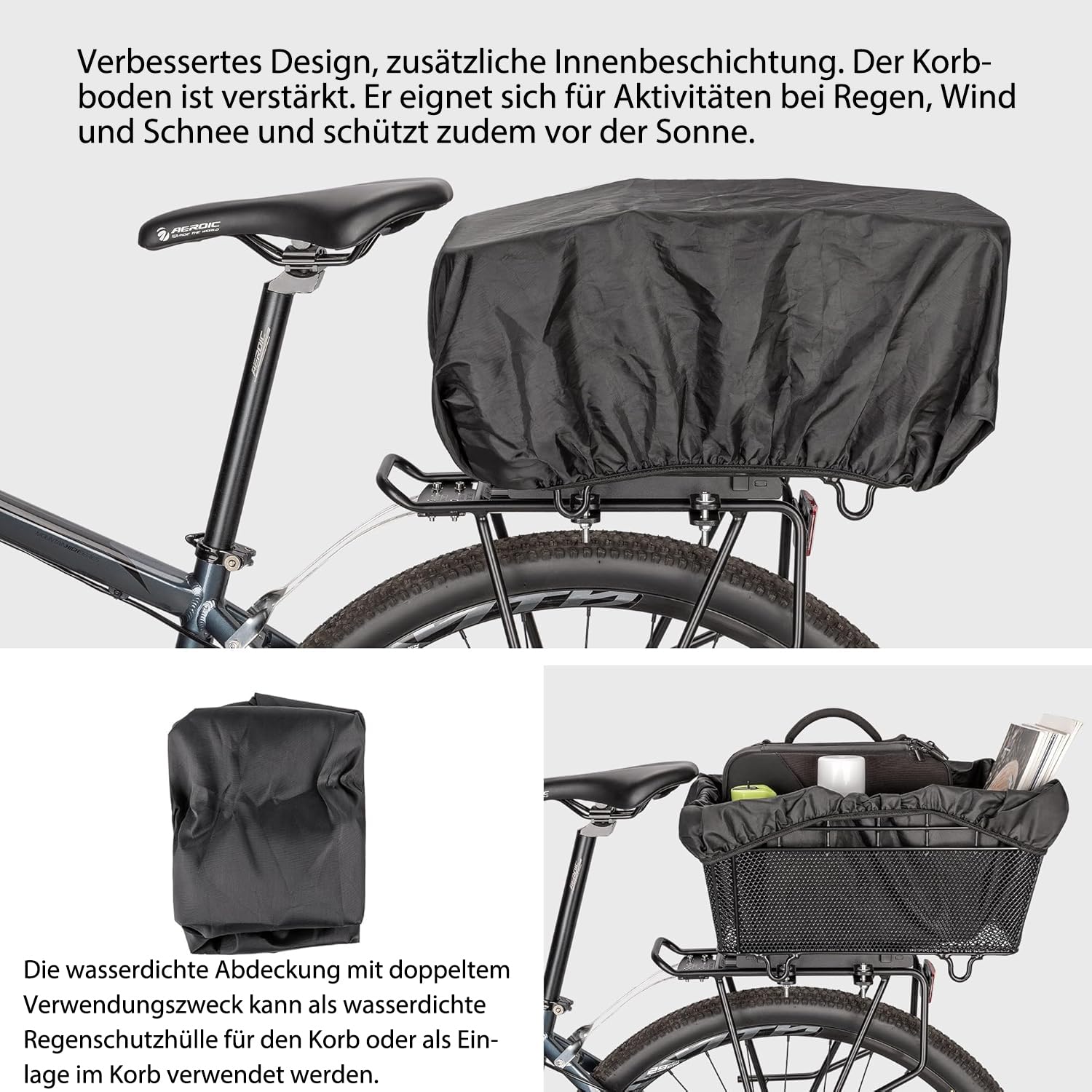 CXWXC Hinterer Fahrradkorb mit Griff – Schnell Abnehmbarer Fahrrad‑Heckkorb mit Gepäcknetz und wasserdichter Abdeckung, großer Drahtkorb für das Fahrradheck