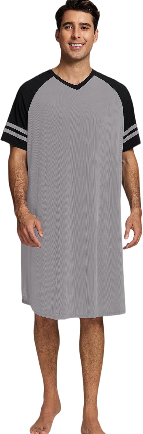 Mens Nightshirt Short Sleeve V Neck Nightgown Color Block Loose Fit Comfy Lounge Pajama Sleepwear