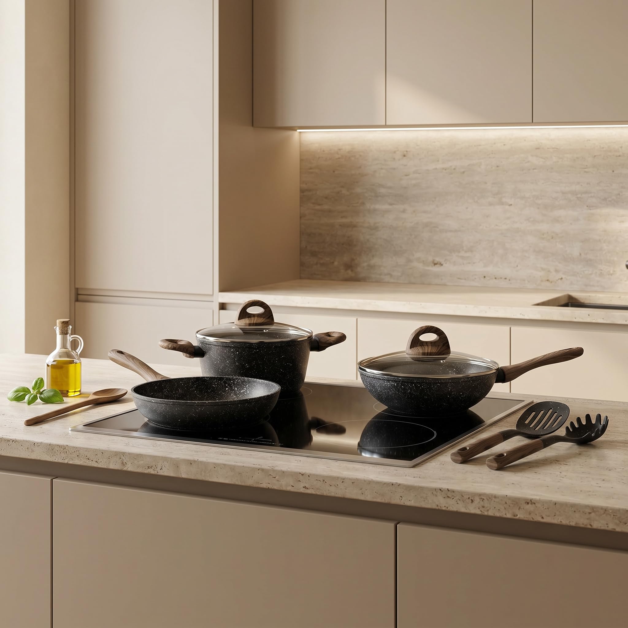 INTRECCI Set 10 Pezzi Padelle e Utensili Cucina con Casseruola, Wok, Bistecchiera | Batteria Pentole Antiaderente Rivestimento Marble Stone | Fondo Induzione e Gas | Alluminio, Nickel e PFOA Free