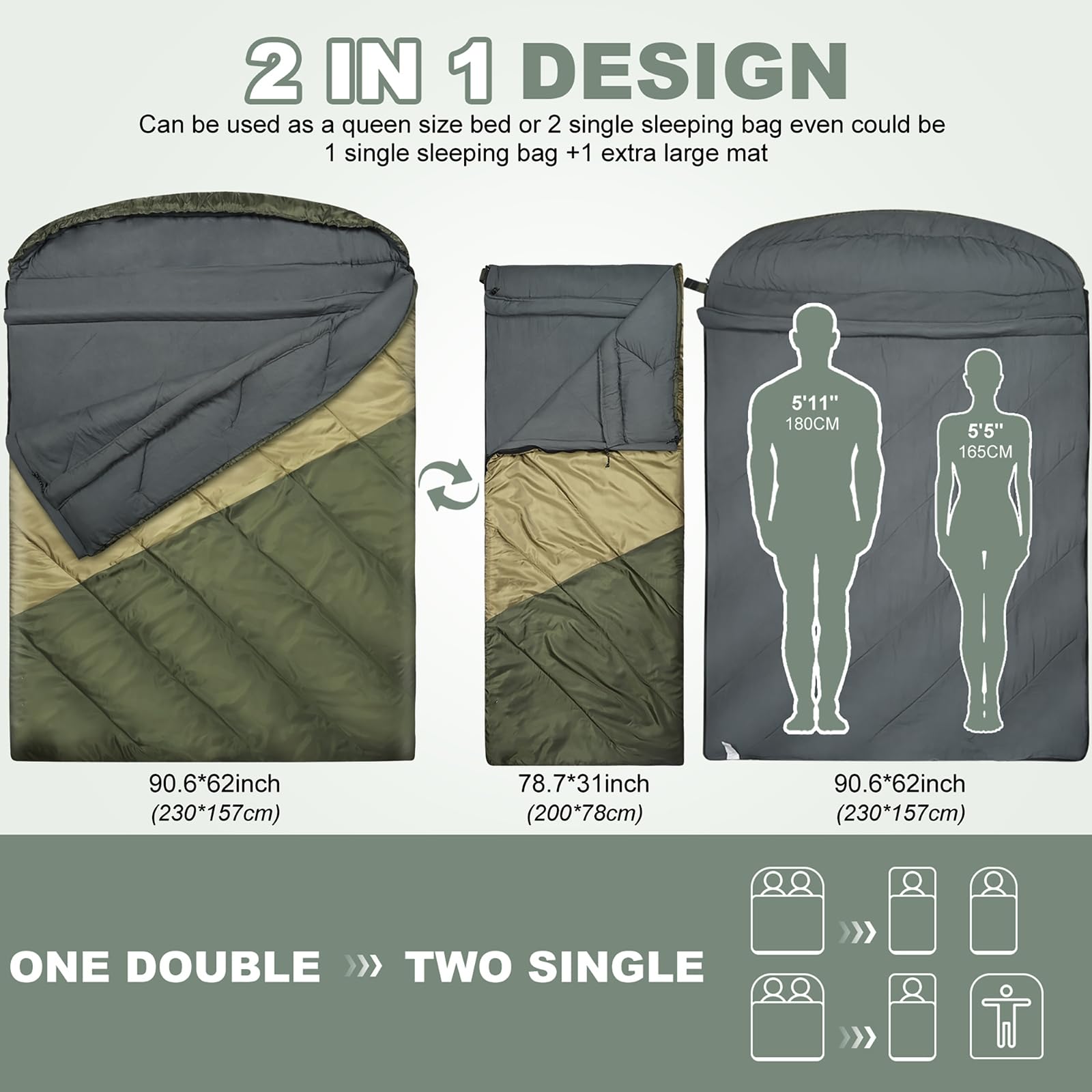 Saco de dormir doble, saco de dormir para 2 personas, tamaño Queen, para adultos, parejas, familia, camping, mochileros, XL, impermeable, ligero, para clima frío y cálido (verde militar)