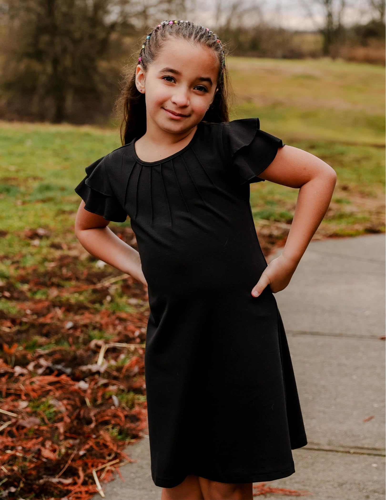 Arshiner Mädchen Kleider Sommer Plissiertes Gewellte Ärmel Kinder Einfarbig/Bedruckt Elegante Festliches Sommerkleid Freizeitkleid Kurzarm A-Linie Kinderkleid 6-14 Jahre