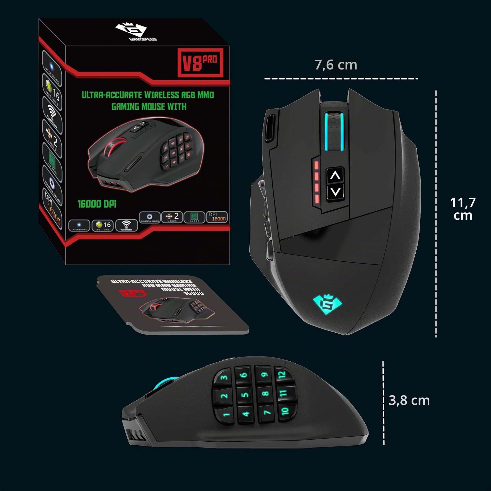 Mouse da gioco wireless senza lag Gamspeed V8 Pro RGB MMO, sensore ottico da 16.000 DPI, tecnologia di trasmissione a 2,4 GHz, design ergonomico , illuminazione Chroma RGB, 16 pulsanti programmabili