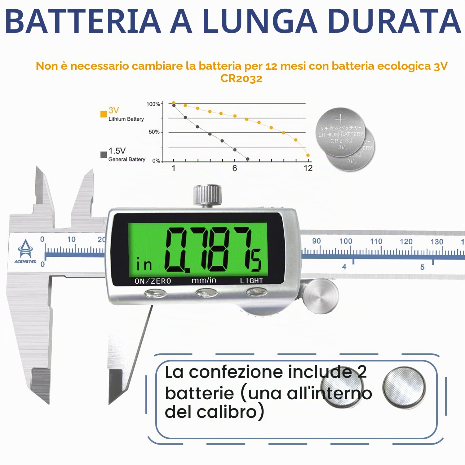 Calibro Digitale,ACEMETER Caliper metrico da 150 mm/6 pollice elettronico in acciaio inossidabile,con LCD Schermo Grande e Chiaro Più Preciso e batteria di ricambio,Design di protezione impermeabile