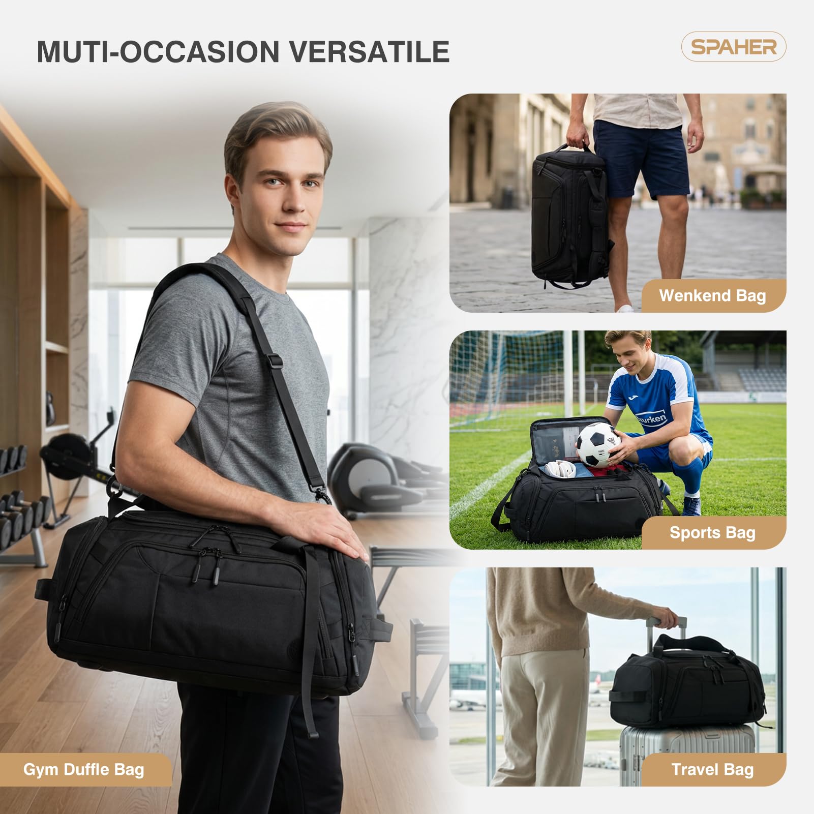 SPAHER 3 en 1 Sac de Sport Voyage avec Compartiments Chaussures et Humide