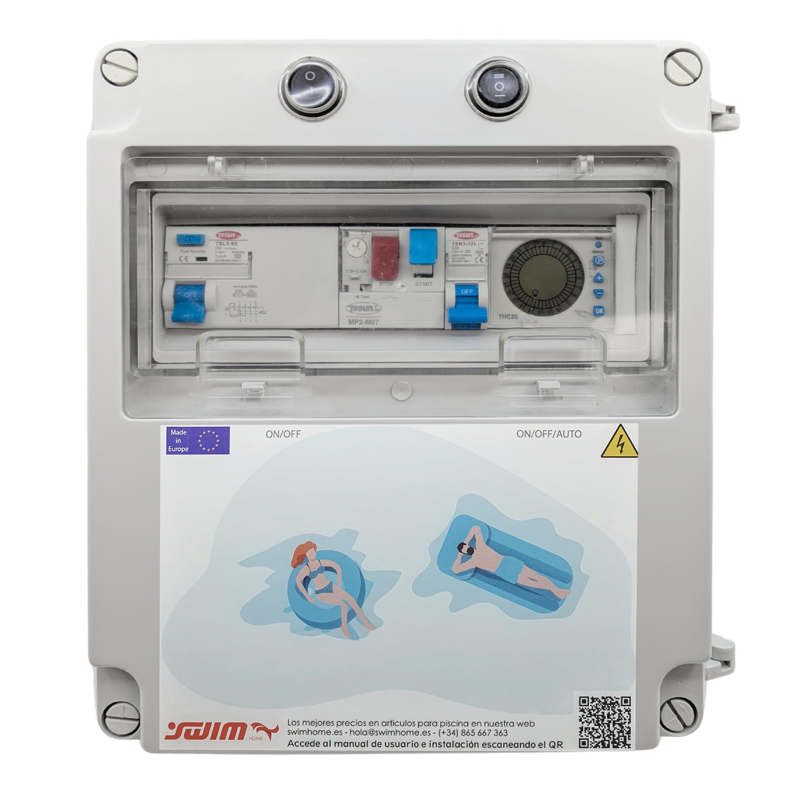 Tosun Cuadro Eléctrico Piscina Trifásico 0,5CV con Contactor y Reloj, Estanco IP65, ABS Gris, para Clorador