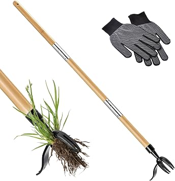 Weed Puller Garden Tools with Long Handle, 43in Weeding Rake Puller Root Remover with 4 Claws and Glove, Weed Remover Tool 2-in-1, Easily Remove Weeds Without Bending for Patio, Lawn, Garden