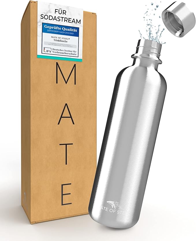MATE OF STEEL® 100 Plastikfreie 750ml Edelstahl Flasche für Sodastream Crystal, Easy & Terra