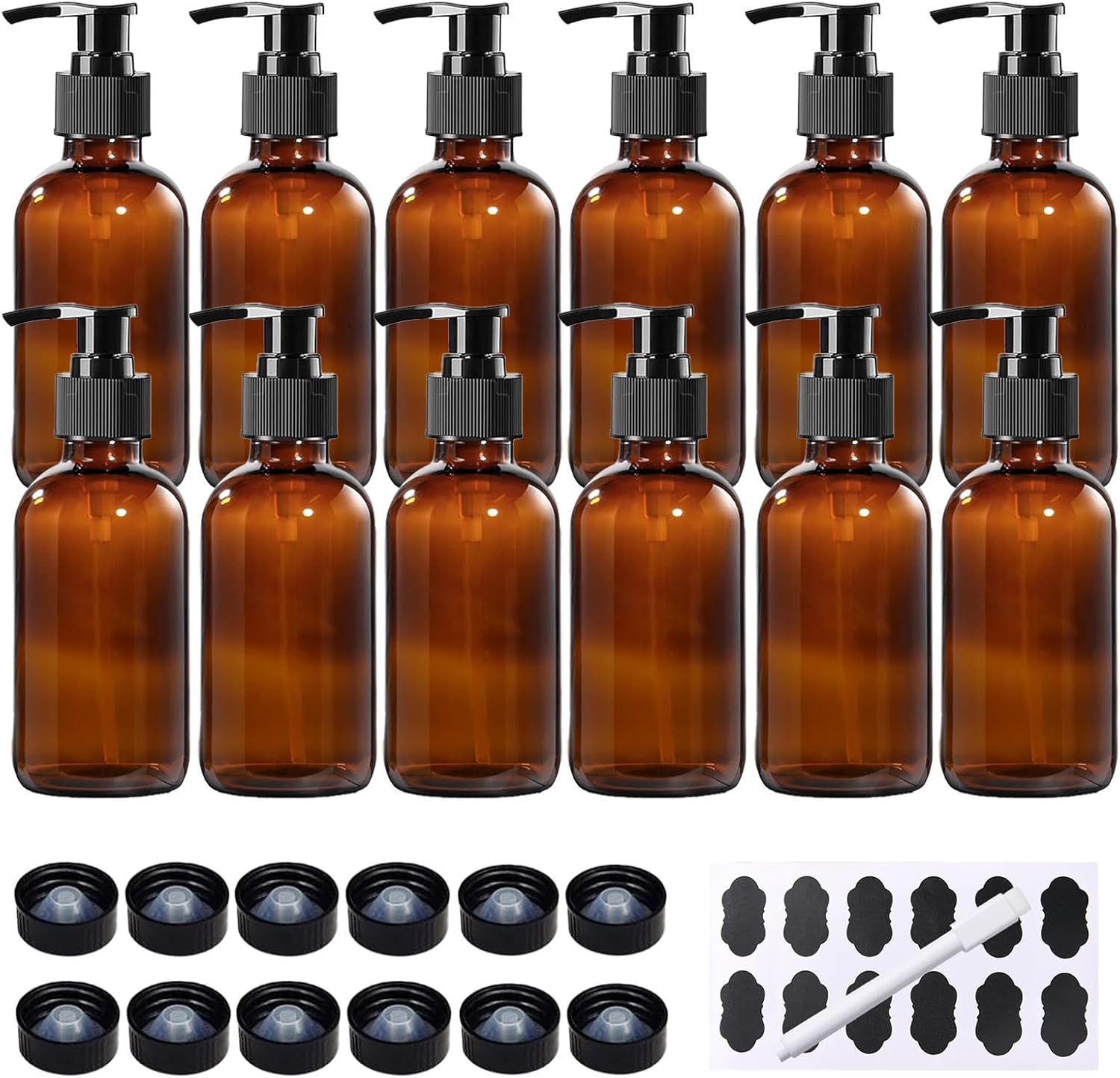 12-Pack 8oz Amber Glass Pump Bottles with Caps, Funnels, Chalk Labels & Pen - BPFY Refillable for Essential Oils, Lotions, Soaps