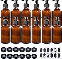 12-Pack 8oz Amber Glass Pump Bottles with Caps, Funnels, Chalk Labels & Pen - BPFY Refillable for Essential Oils, Lotions, Soaps
