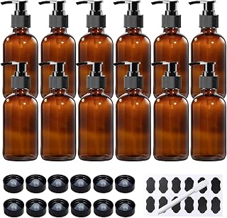 12-Pack 8oz Amber Glass Pump Bottles with Caps, Funnels, Chalk Labels & Pen - BPFY Refillable for Essential Oils, Lotions, Soaps
