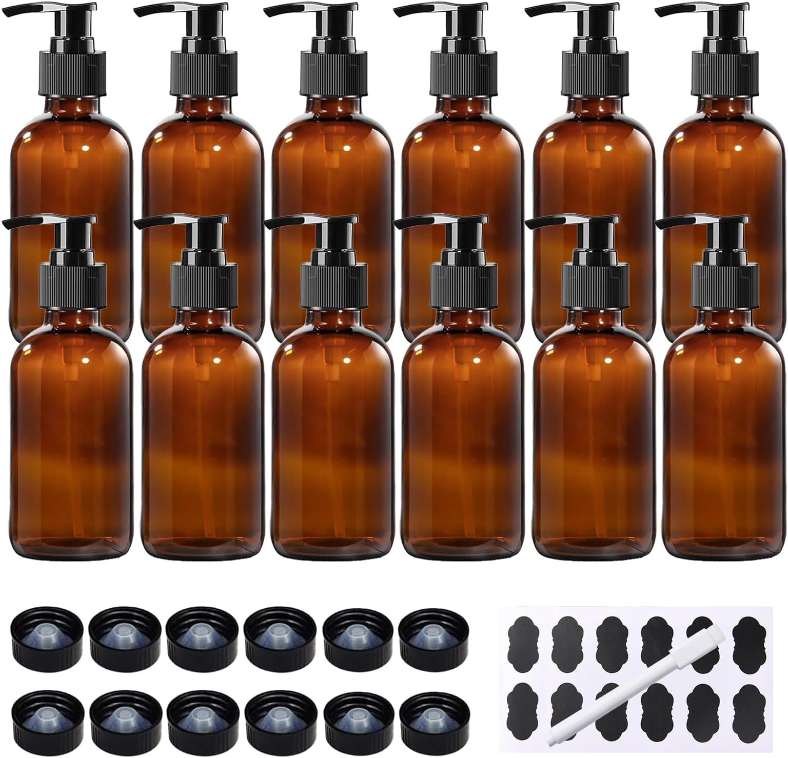 12 Pack 8 oz Amber Glass Bottles with Pumps for Essential Oils, Cleaning Products, Lotions, Aromatherapy Oil, Pump Bottles, Refillable Containers with Cap, Funnel, 12 Chalk Labels, 1 Pen