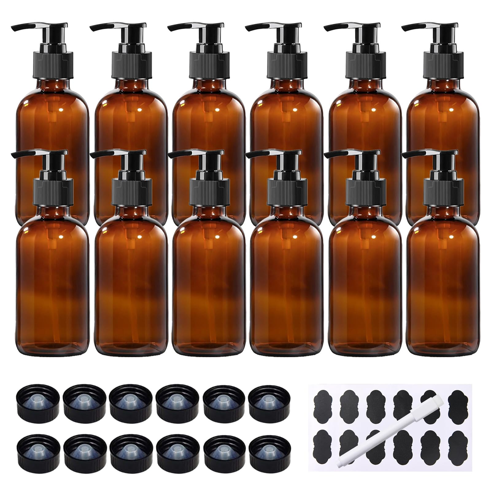 BPFY 12 Pack 8 oz Amber Glass Bottles with Pumps for Essential Oils, Cleaning Products, Lotions, Aromatherapy Oil, Pump Bottles, Refillable Containers with Cap, Funnel, 12 Chalk Labels, 1 Pen