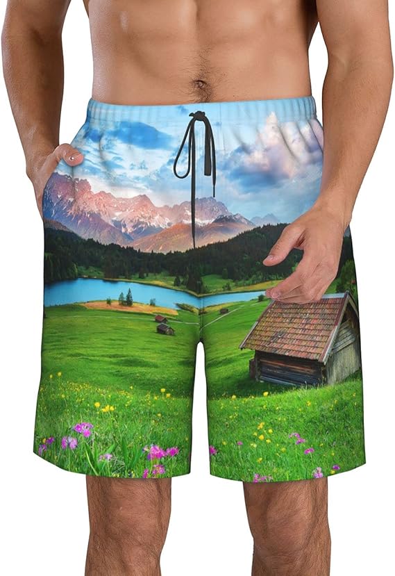 Amazon Co Jp サーフパンツ メンズ 水着 ビーチショーツ 草原 小屋 アルプス 海パン 通気速乾 おしゃれ ゴムウェスト ボードショーツ 海水パンツ ポケット付き 普段着 ビーチ 旅行 夏 水陸両用 ファッション