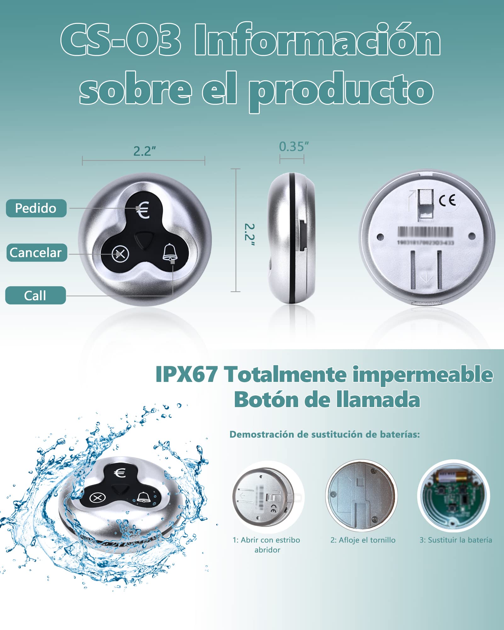 CS-400D Sistema De Localización Inalámbrico Para Restaurante, Bar, Cafetería - 1 Pantalla De Llamada, 16 Botones, 2 Receptores De Pulsera