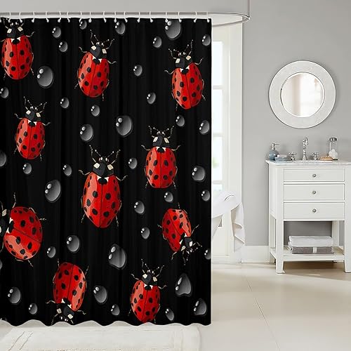 Miniatura 2 de Cortina de ducha impermeable de 72 pulgadas de ancho x 78 pulgadas de largo, cortina de ducha de mariquitas rojas para niños, bonita cortina de baño