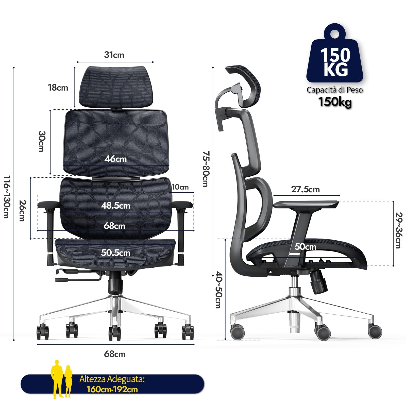 TONFARY Sedia da Ufficio Ergonomica, Sedia da Scrivania ALL-Mesh Supporto Lombare, Sedia da Gioco Inclinabile, Braccioli 3D Regolabili e Poggiatesta, Grande e Alta Sedia Girevole del Computer, 150KG
