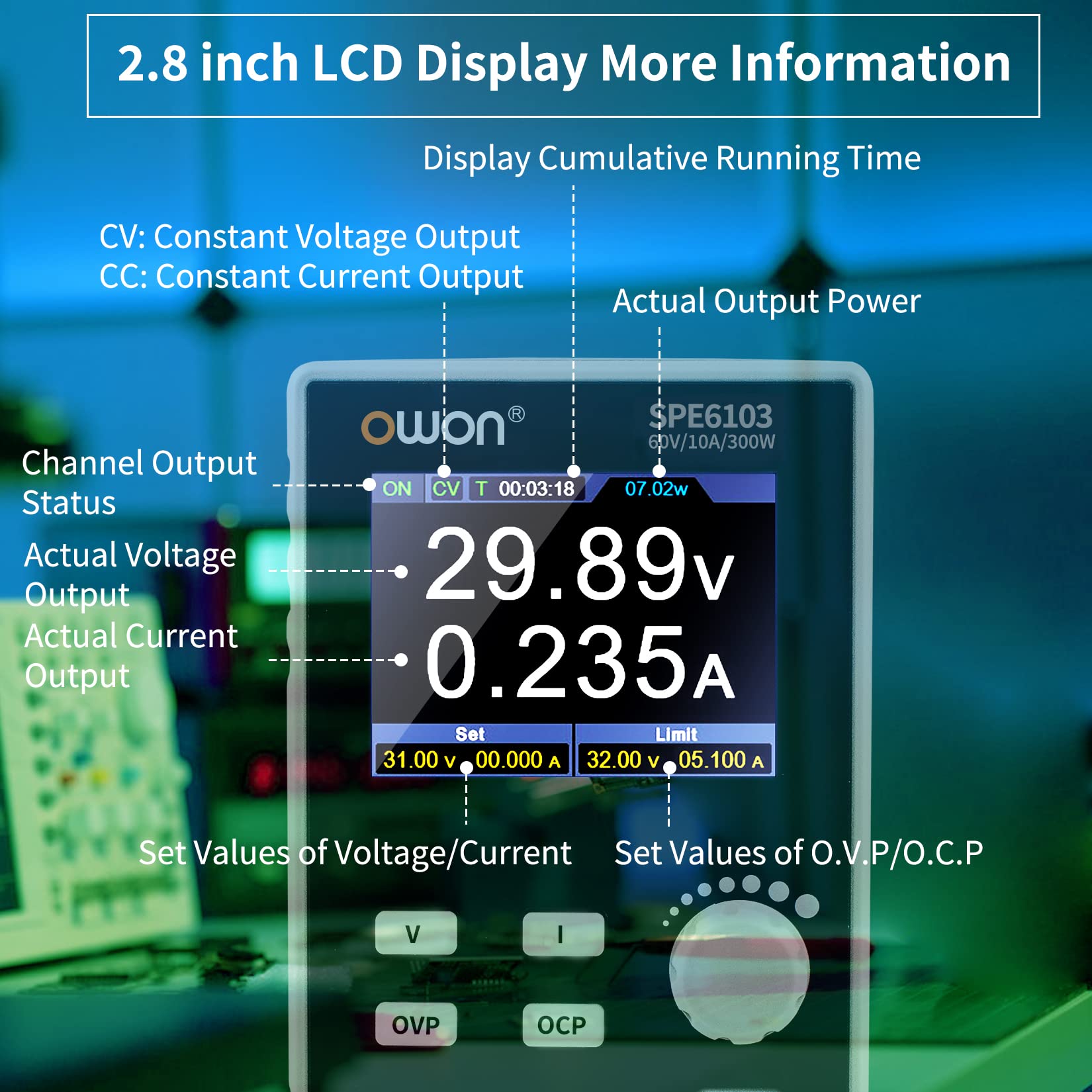 OWON SPE6103 Alimentatore da laboratorio programmabile (0-60 V 0-10 A), alimentatore CC da banco da 300 W con display LCD da 2,8 pollici, uscita a canale singolo con software per PC e ricarica USB