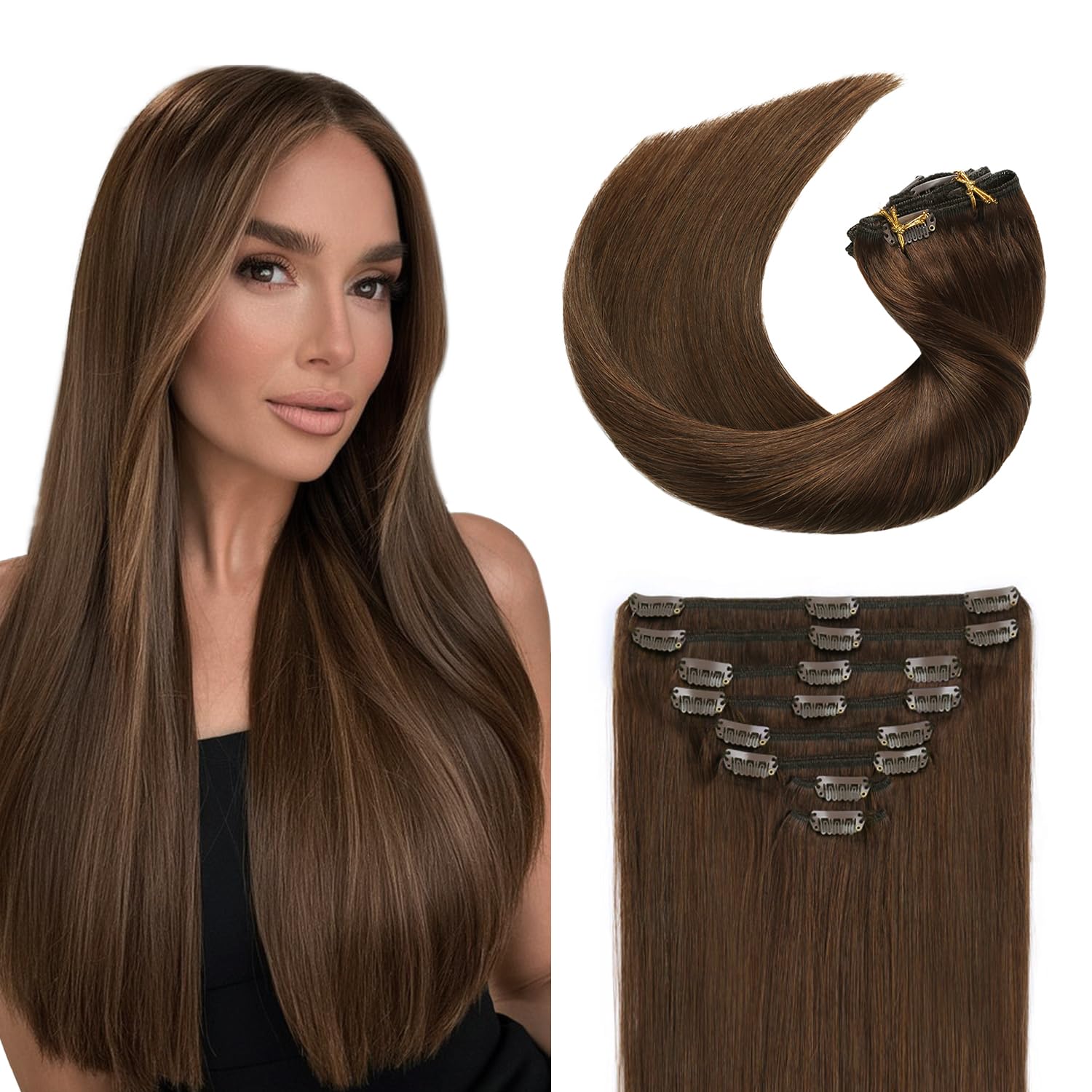Sunya Dopinki z naturalnych włosów z klipsami Chocolate Brown Remy Naturalne przedłużki z ludzkich włosów 30 cm 100 g 8 szt